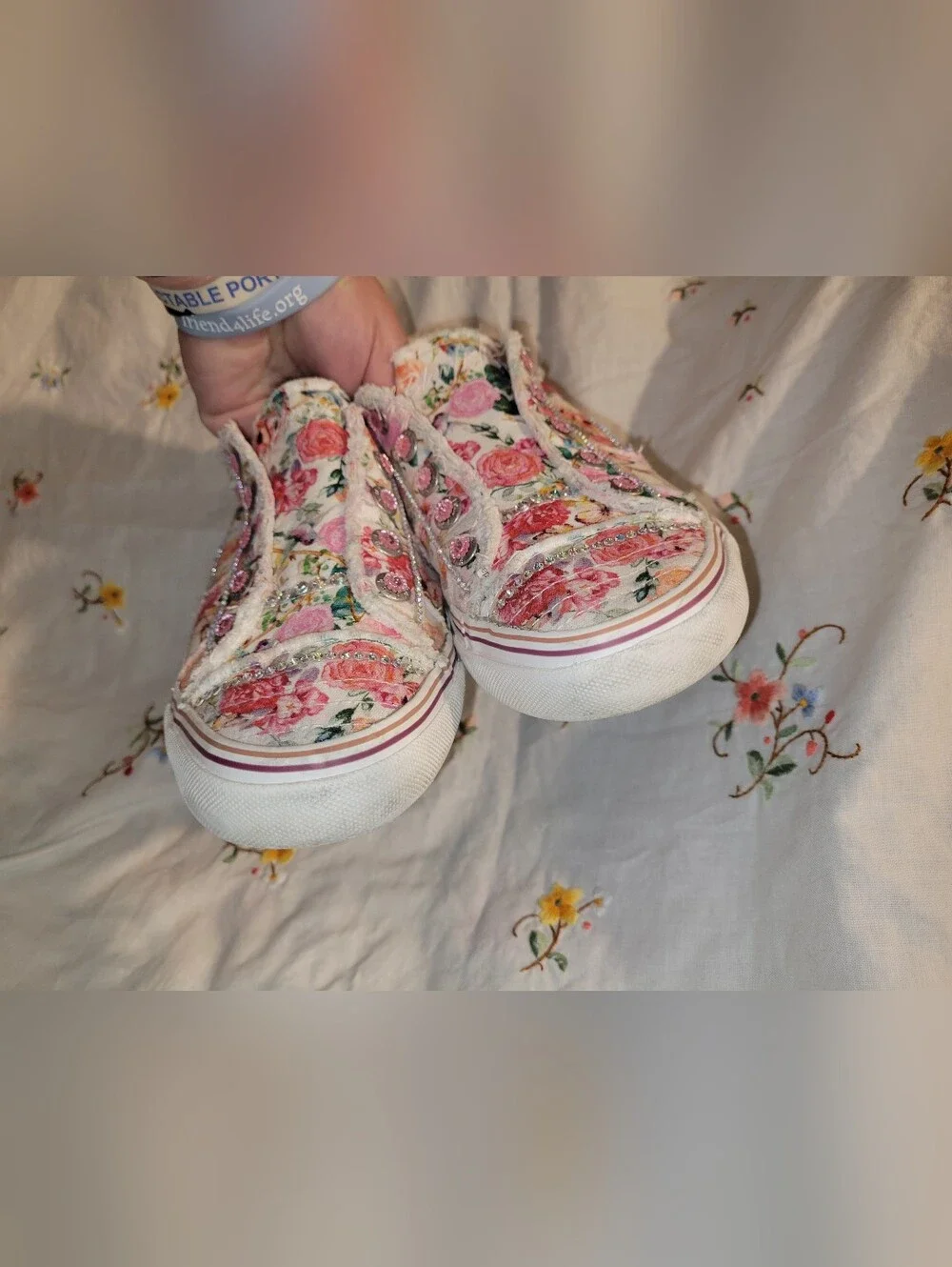 Custom Rhinestone Embellished Floral Blowfish Floral Print Sneakers Size 7.5 - Picture 6 of 12